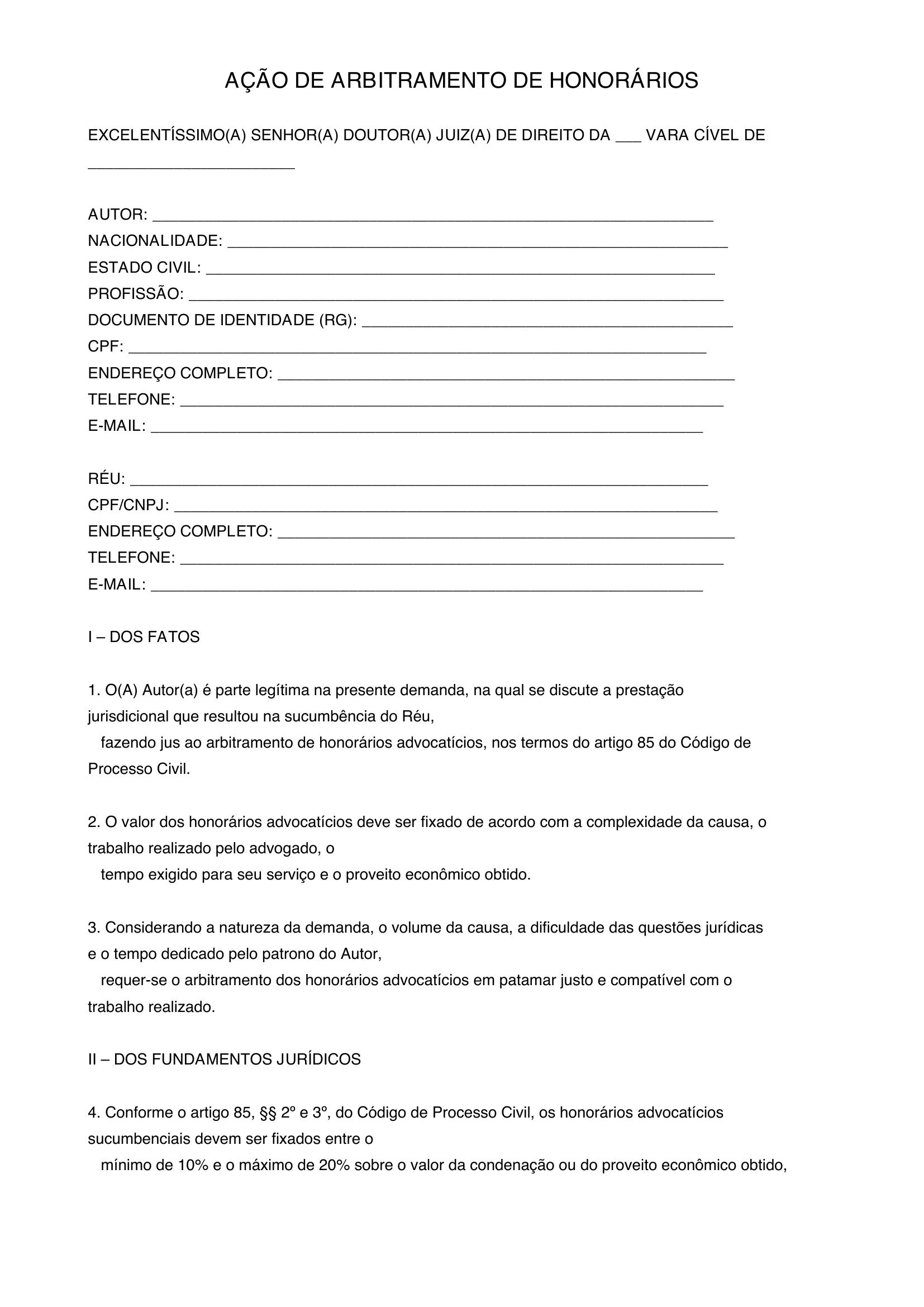 Modelo De Ação De Arbitramento De Honorários