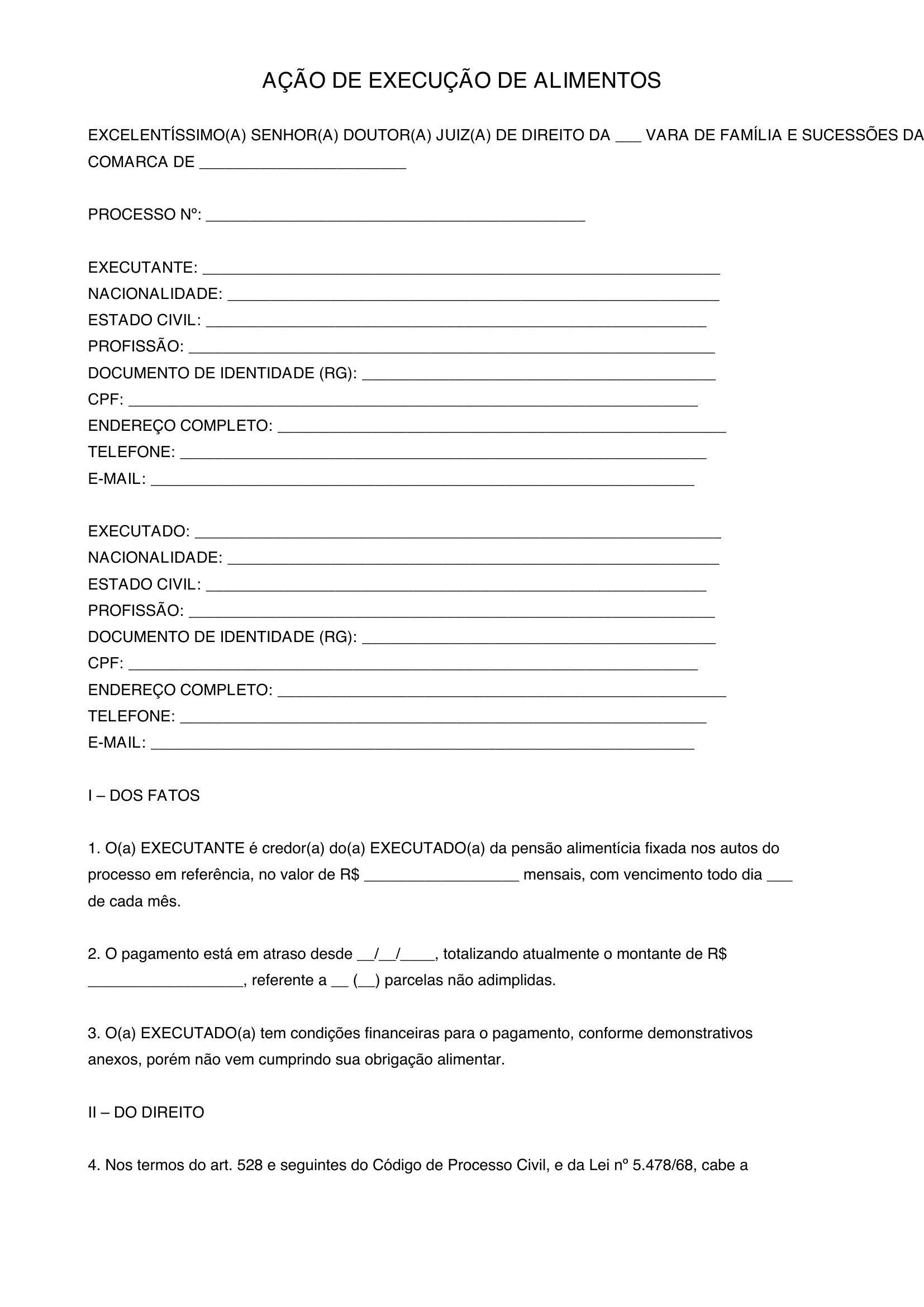 Modelo De Ação De Execução De Alimentos