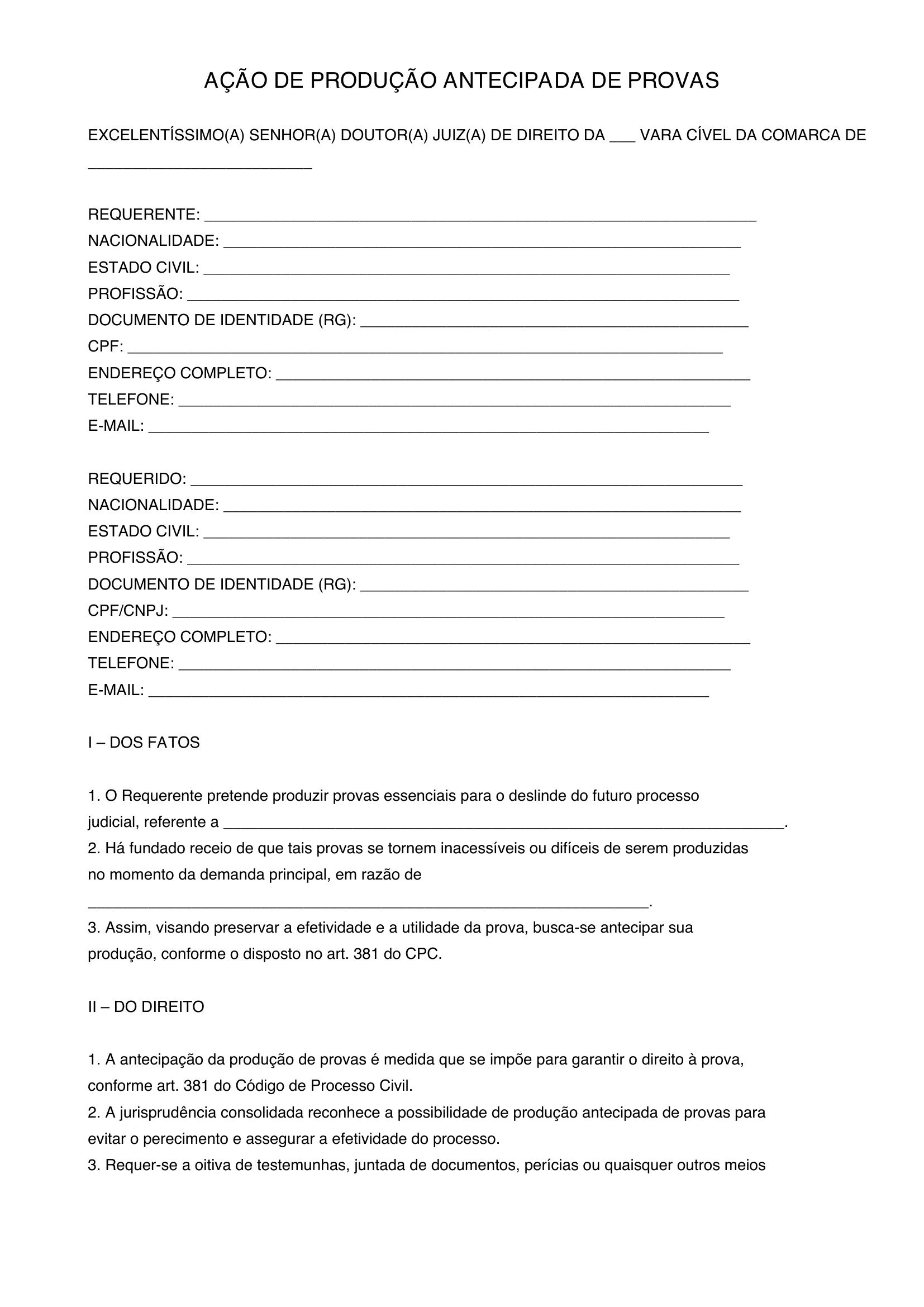 Modelo De Ação De Produção Antecipada De Provas