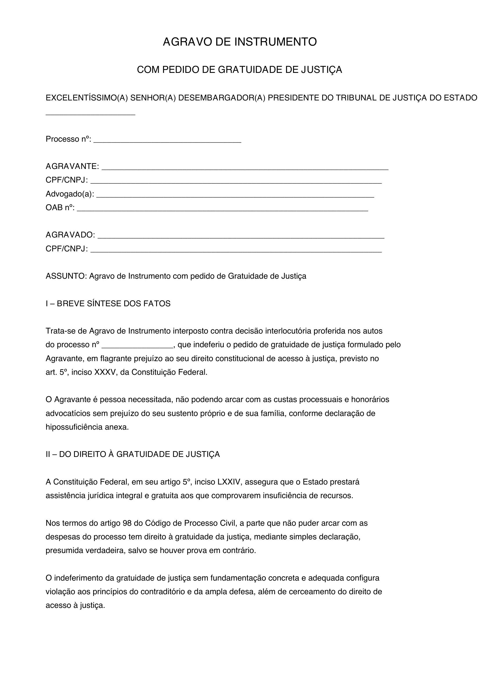 Modelo De Agravo De Instrumento Gratuidade De Justiça
