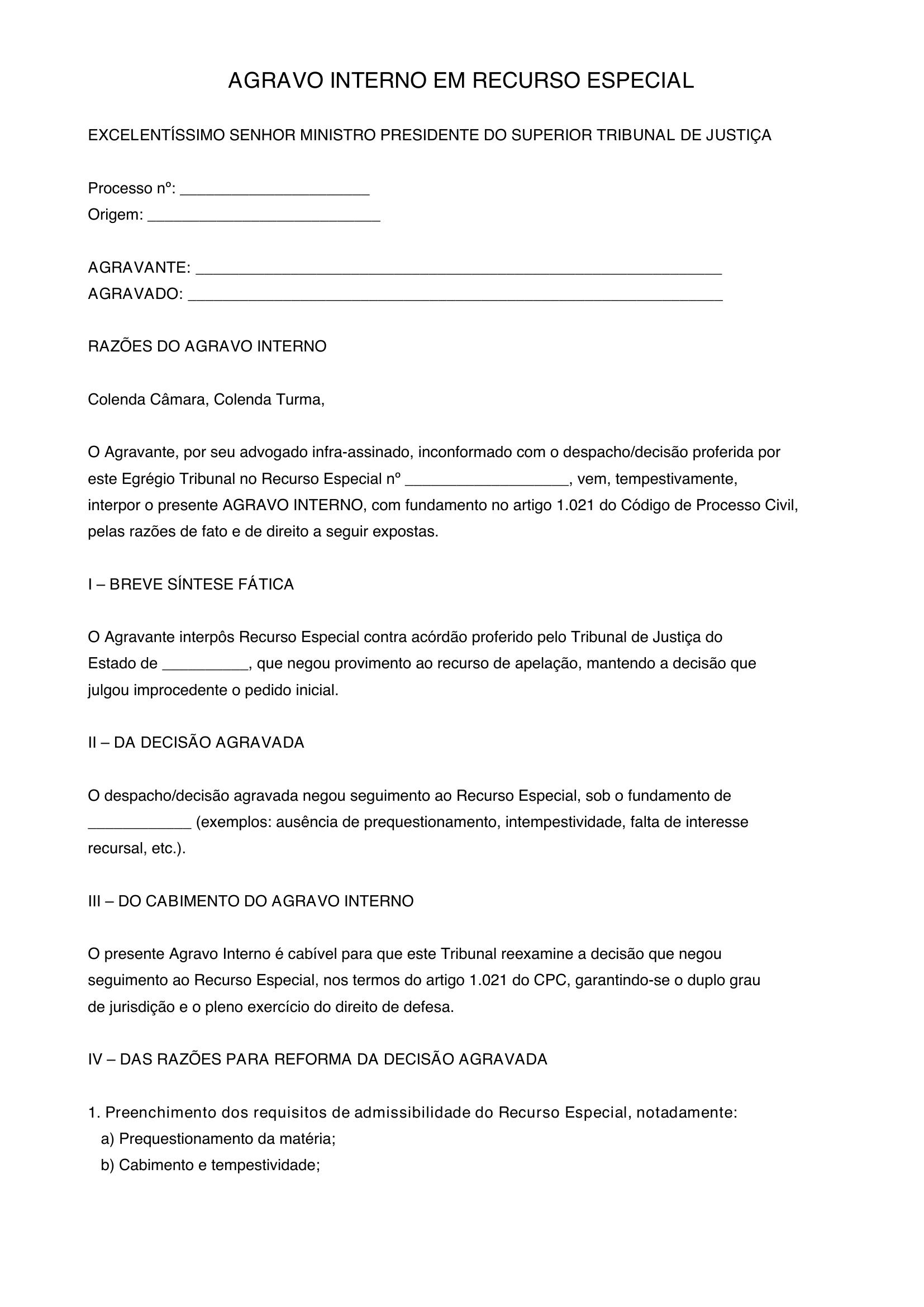 Modelo De Agravo Interno Em Recurso Especial