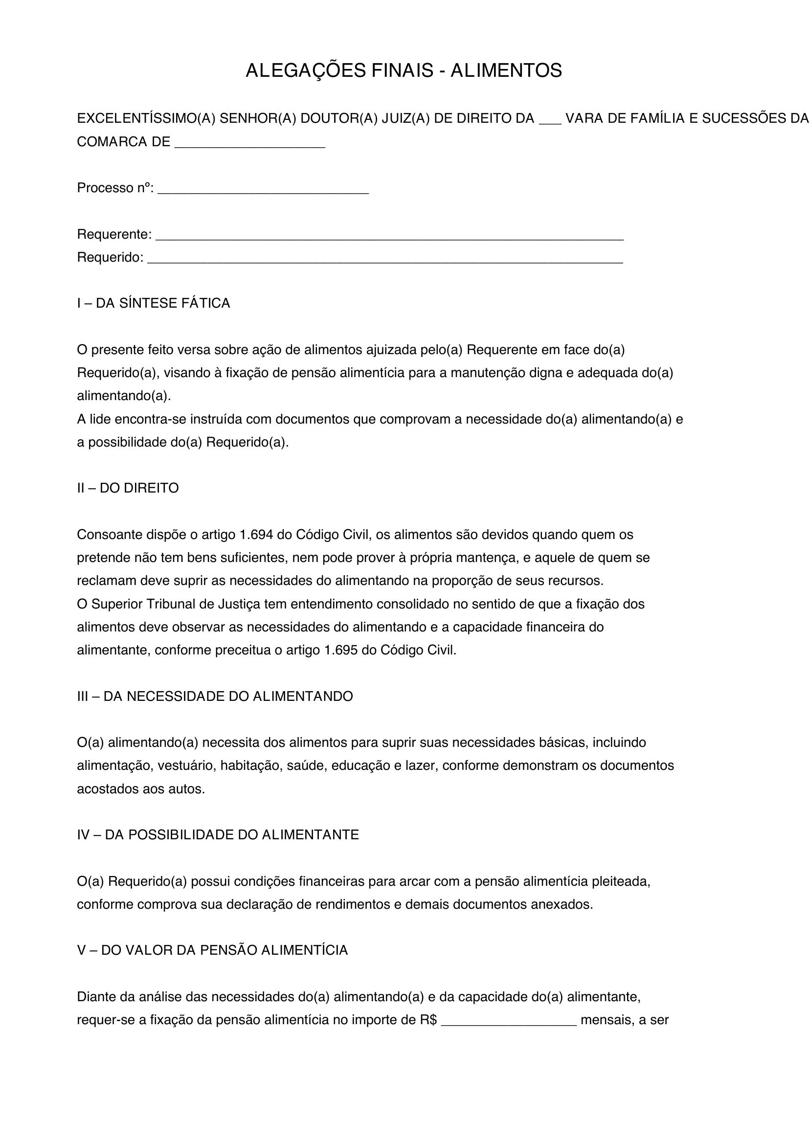 Modelo De Alegações Finais Alimentos
