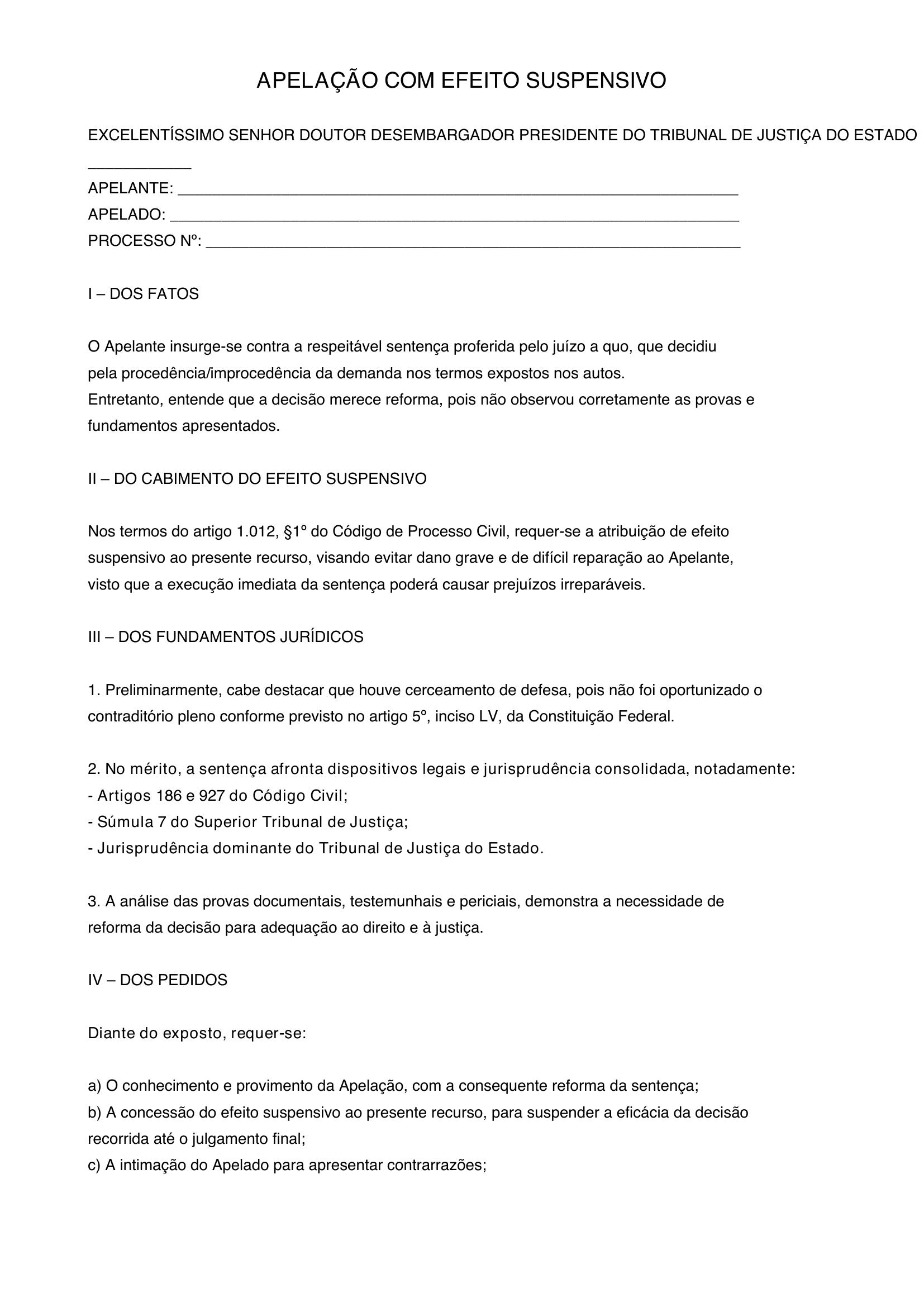 Modelo De Apelação Com Efeito Suspensivo