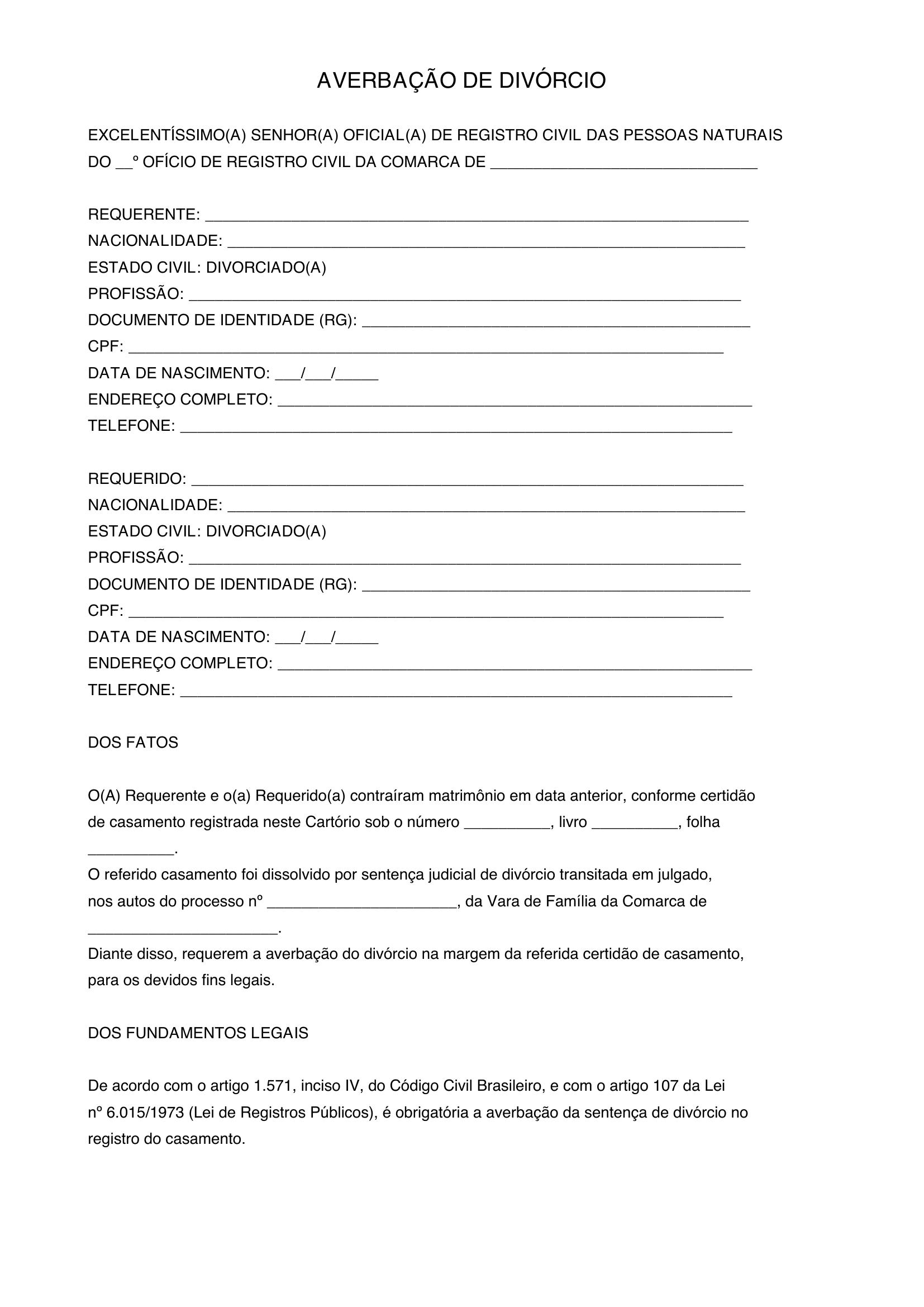 Modelo De Averbação De Divórcio