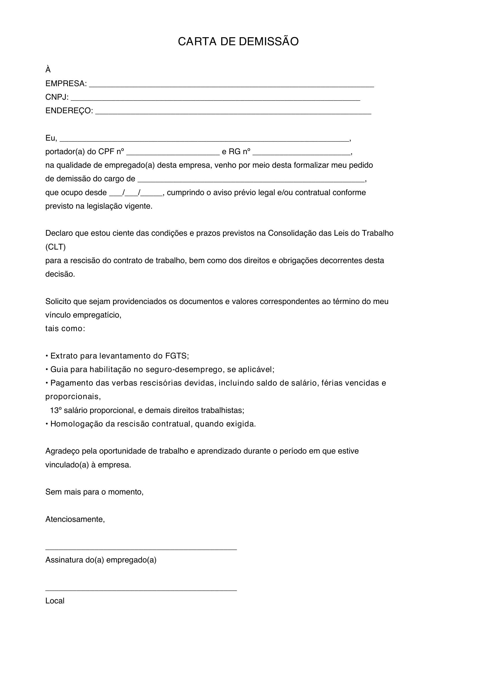 Modelo De Carta De Demissão