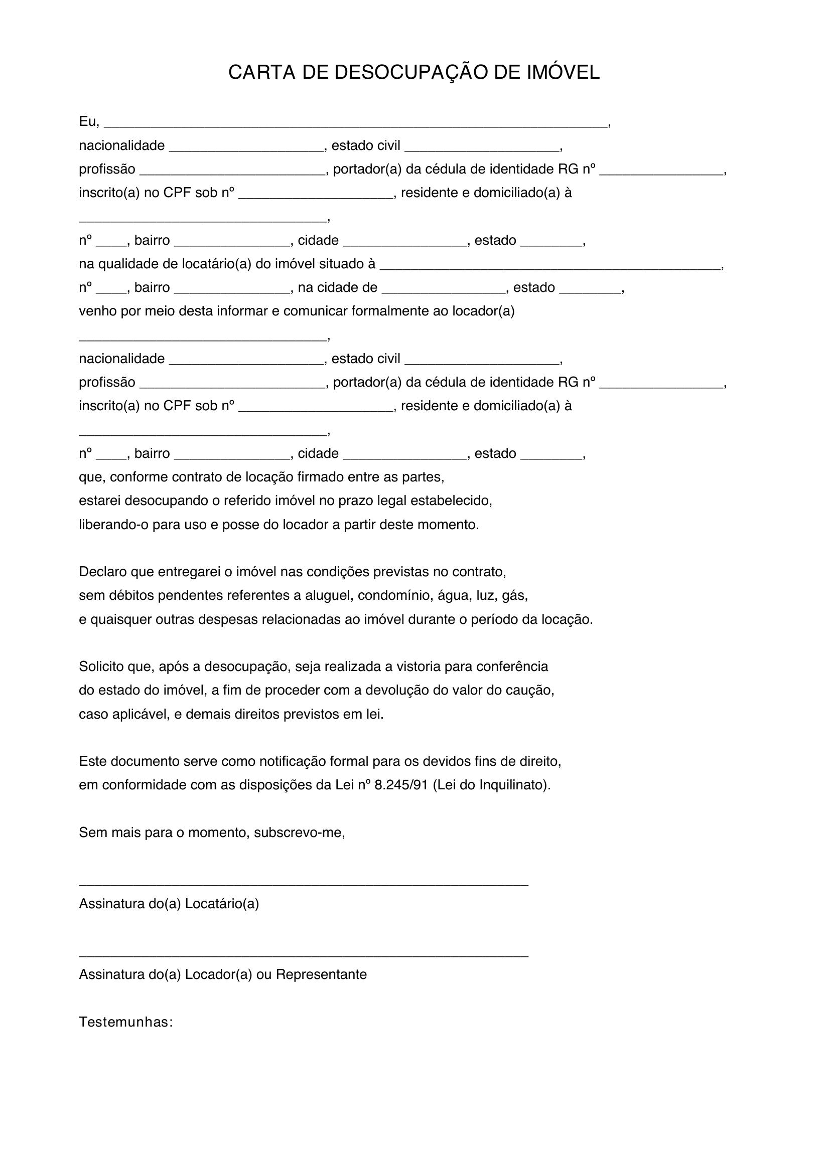 Modelo De Carta De Desocupação De Imovel