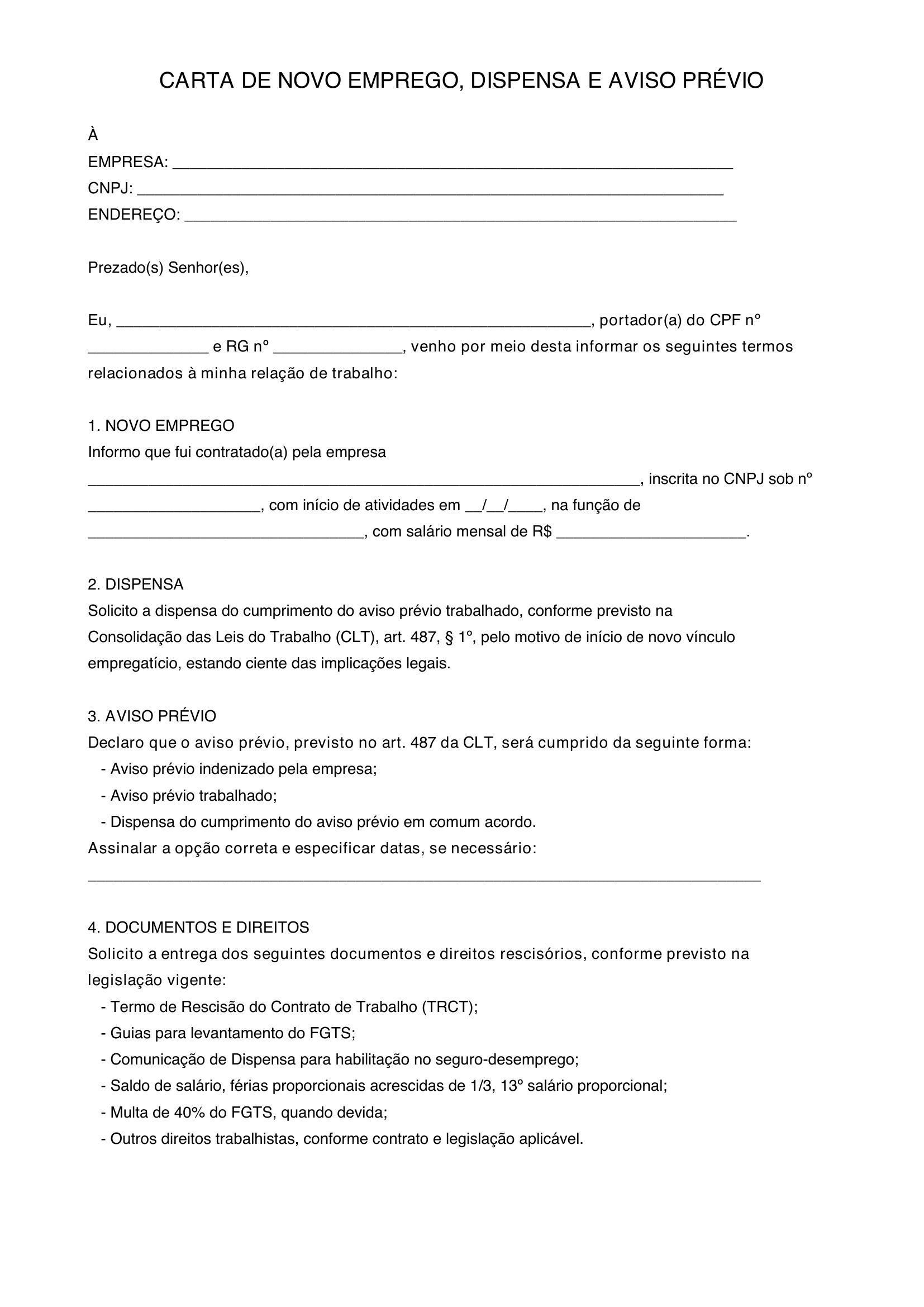 Modelo De Carta De Novo Emprego Dispensa Aviso Prévio