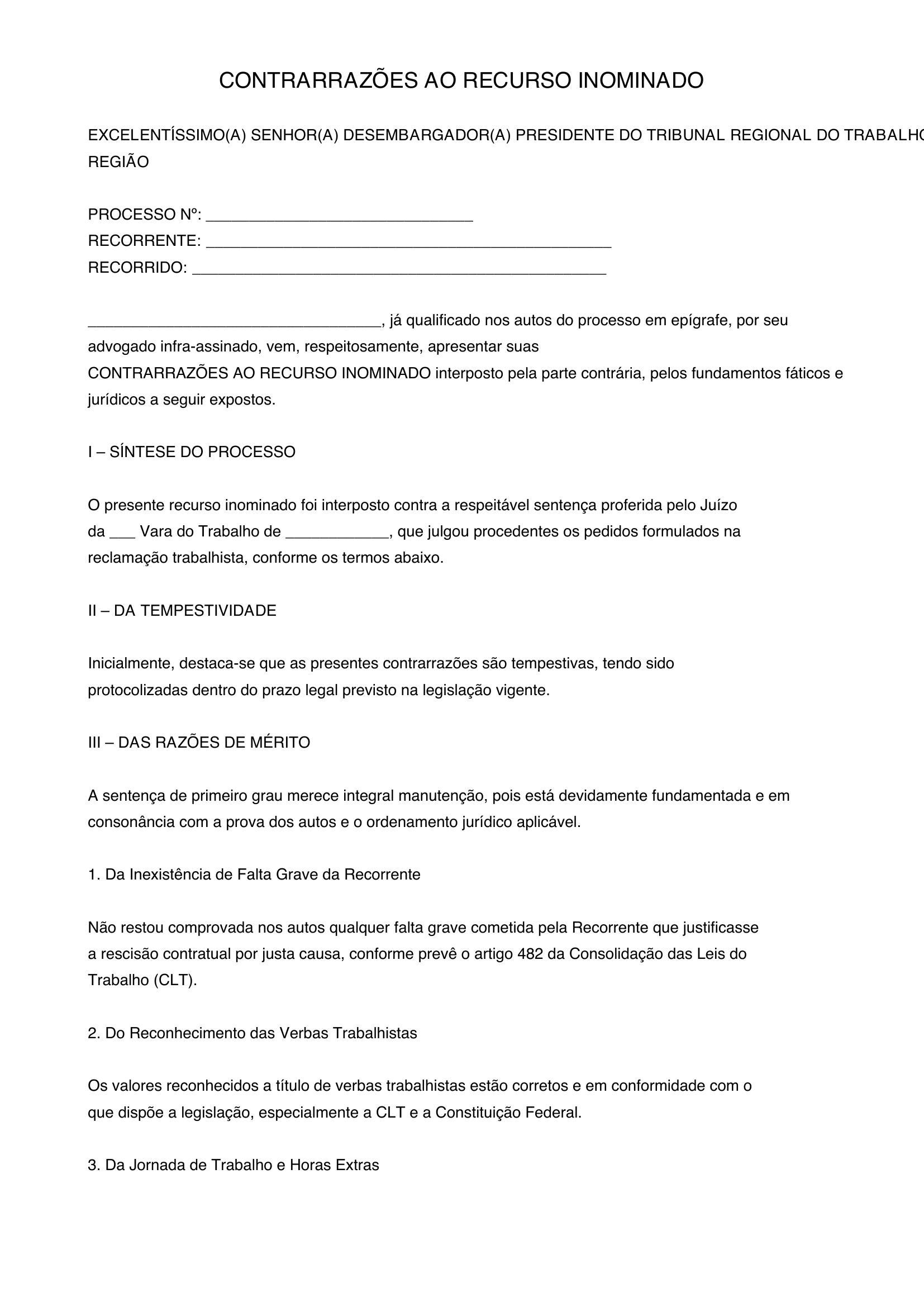 Modelo De Contrarrazões Ao Recurso Inominado