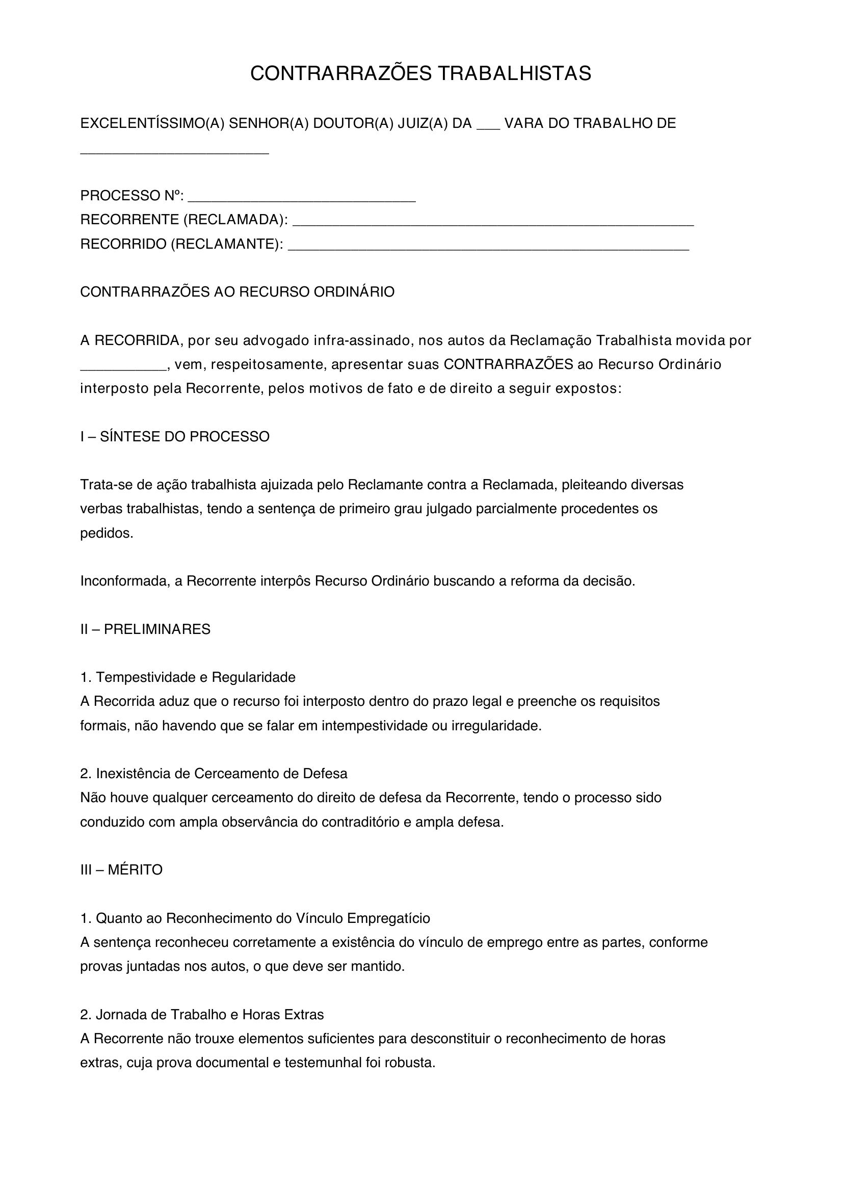 Modelo Contrarrazões Trabalhista