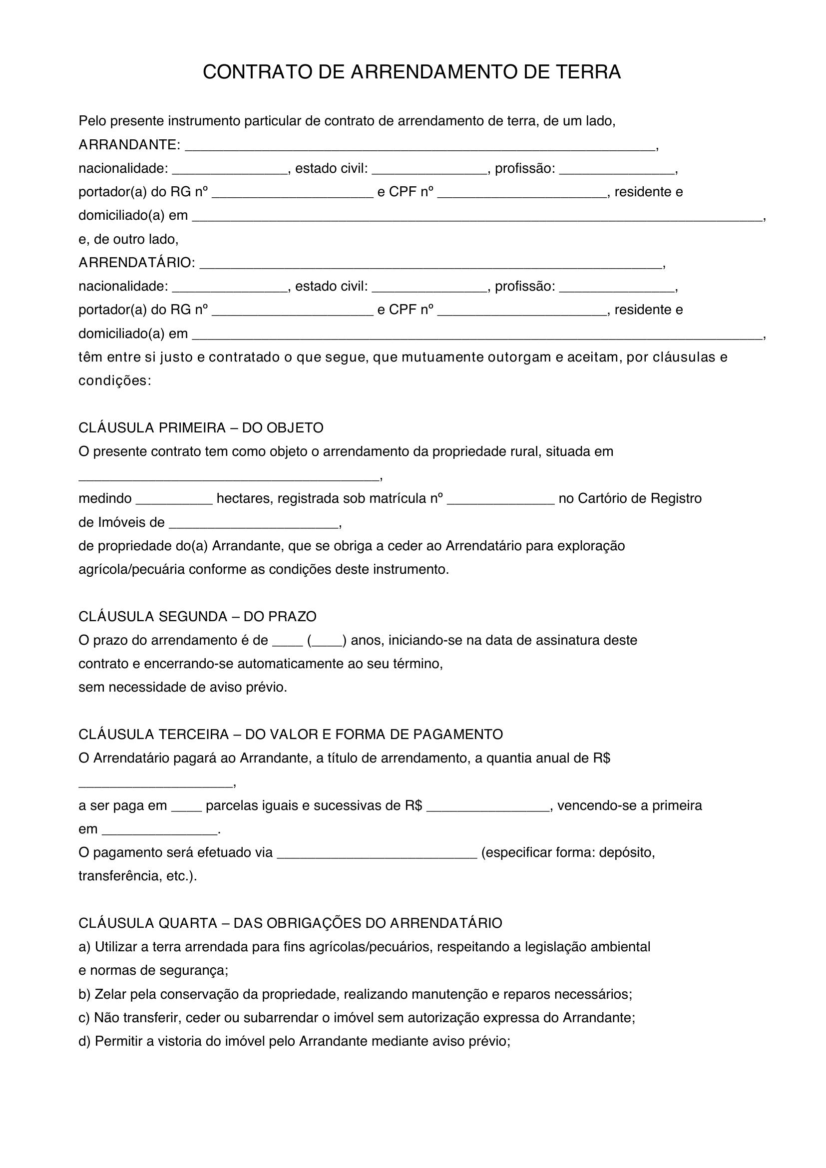 Modelo De Contrato De Arrendamento De Terra
