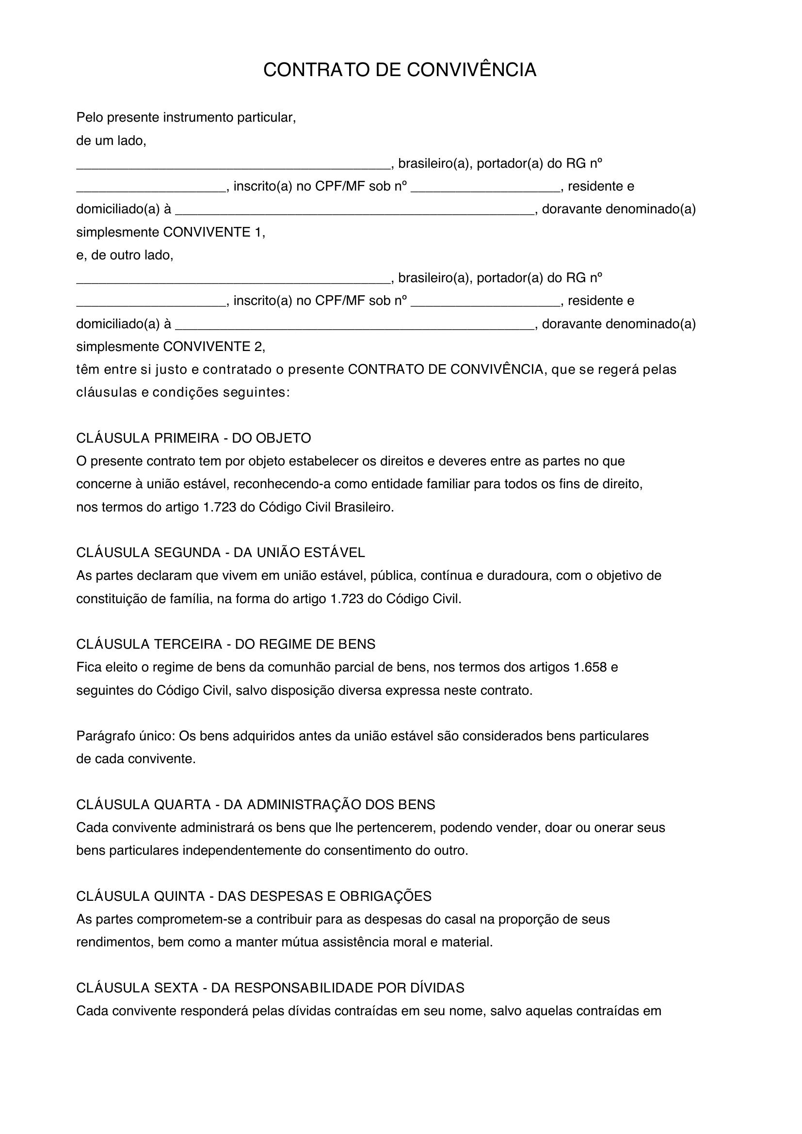 Contrato De Convivência Modelo