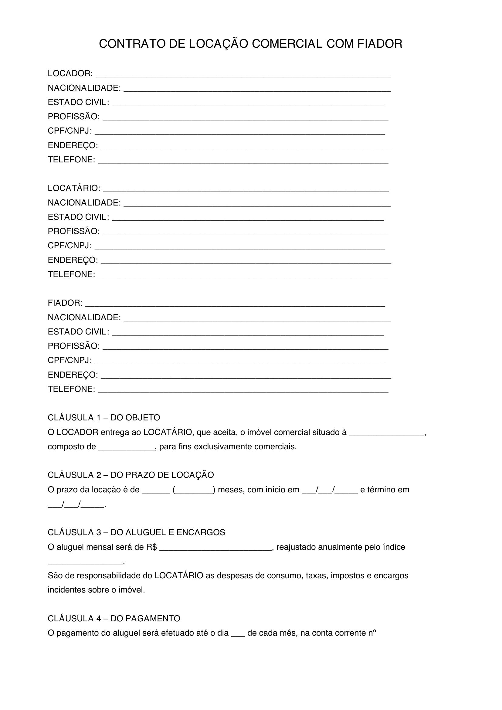 Modelo De Contrato De Locação Comercial Com Fiador