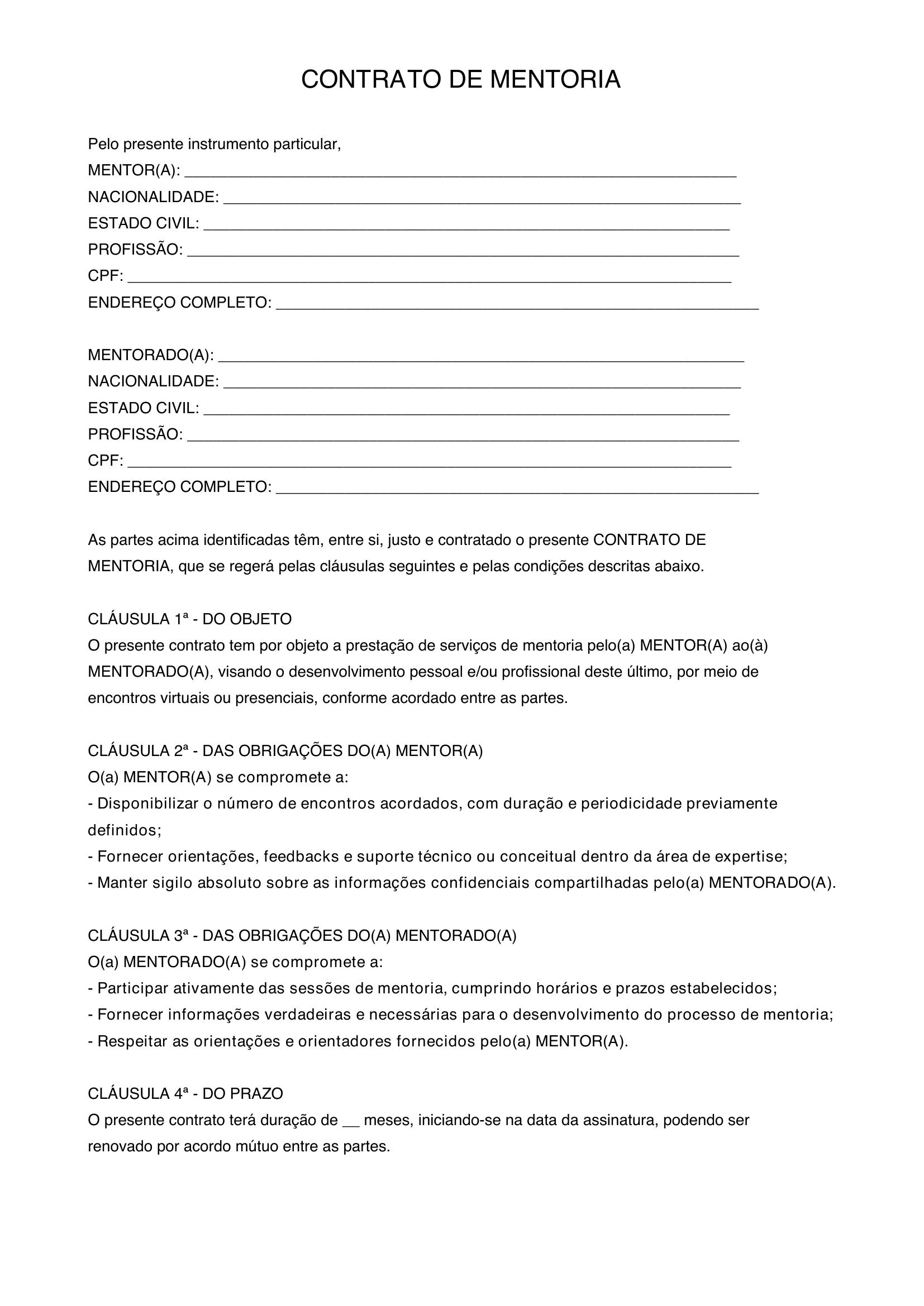 Modelo De Contrato De Mentoria
