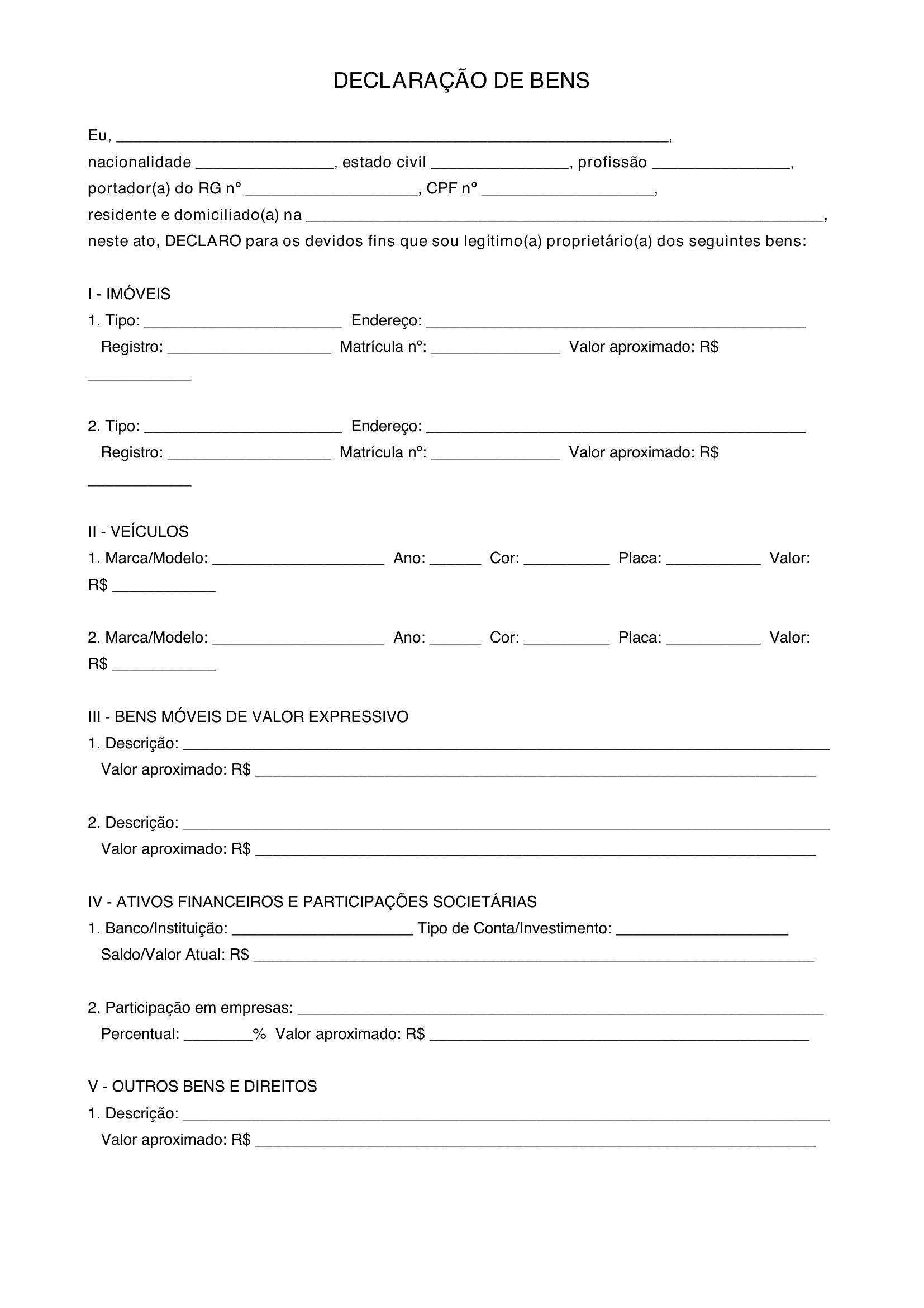 Modelo De Declaração De Bens