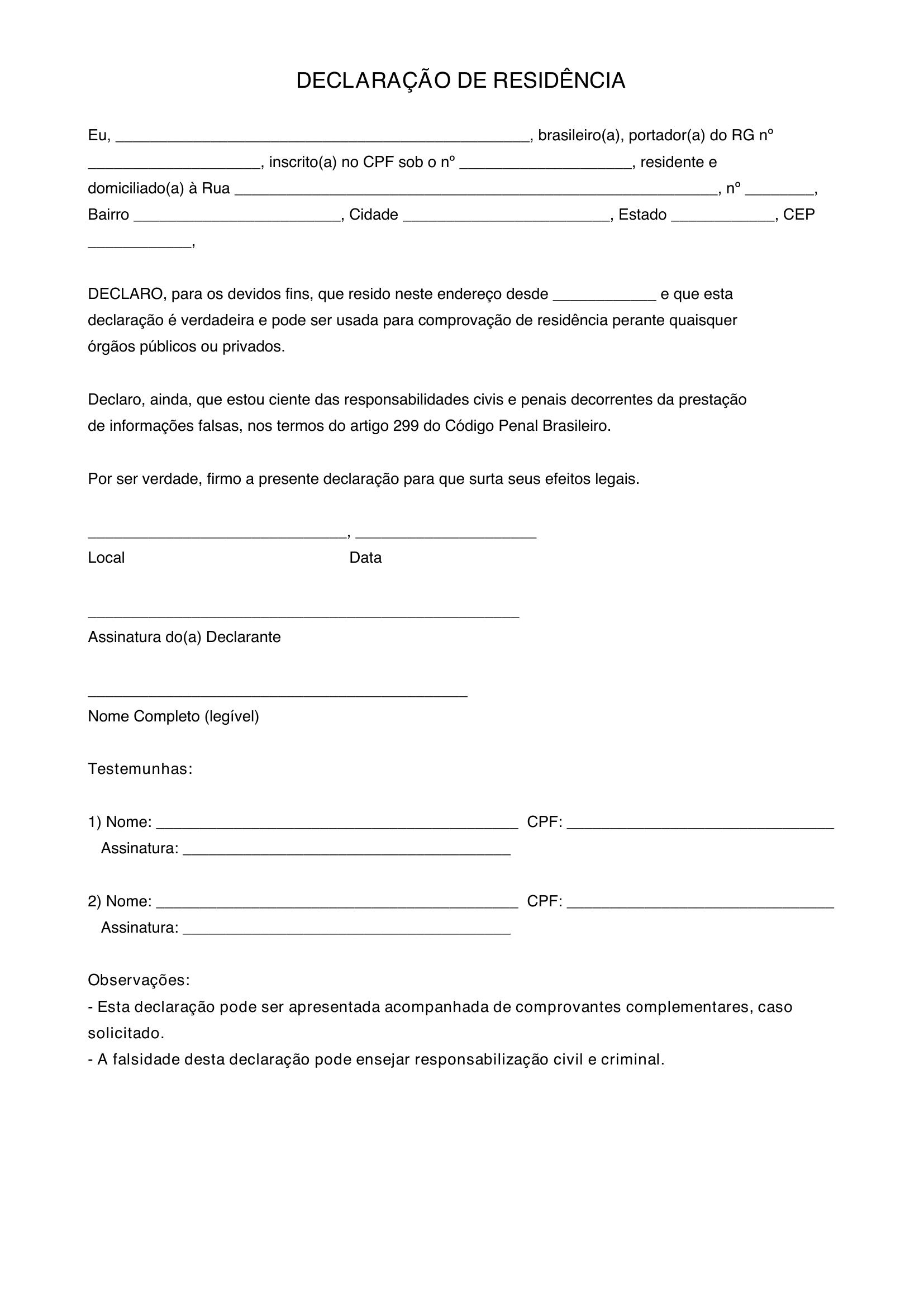 Modelo Declaração De Residência
