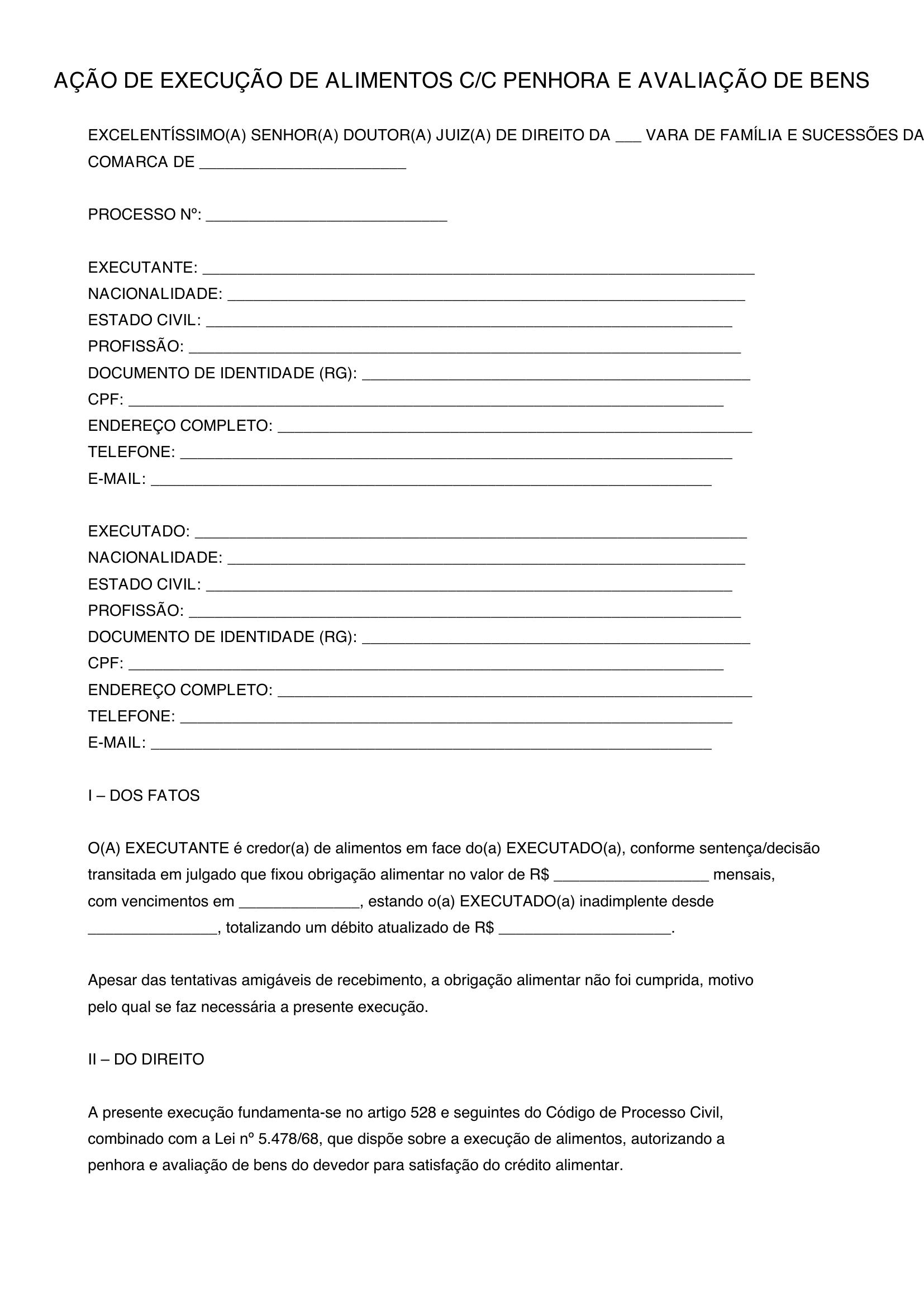 Modelo Execução De Alimentos Penhora