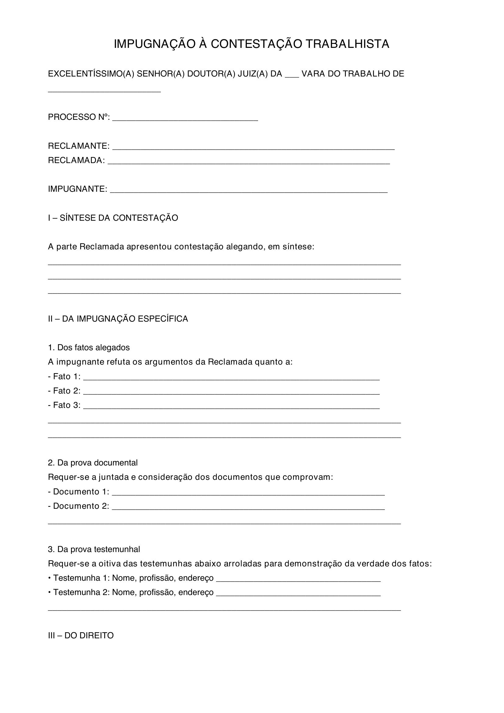 Modelo De Impugnação A Contestação Trabalhista