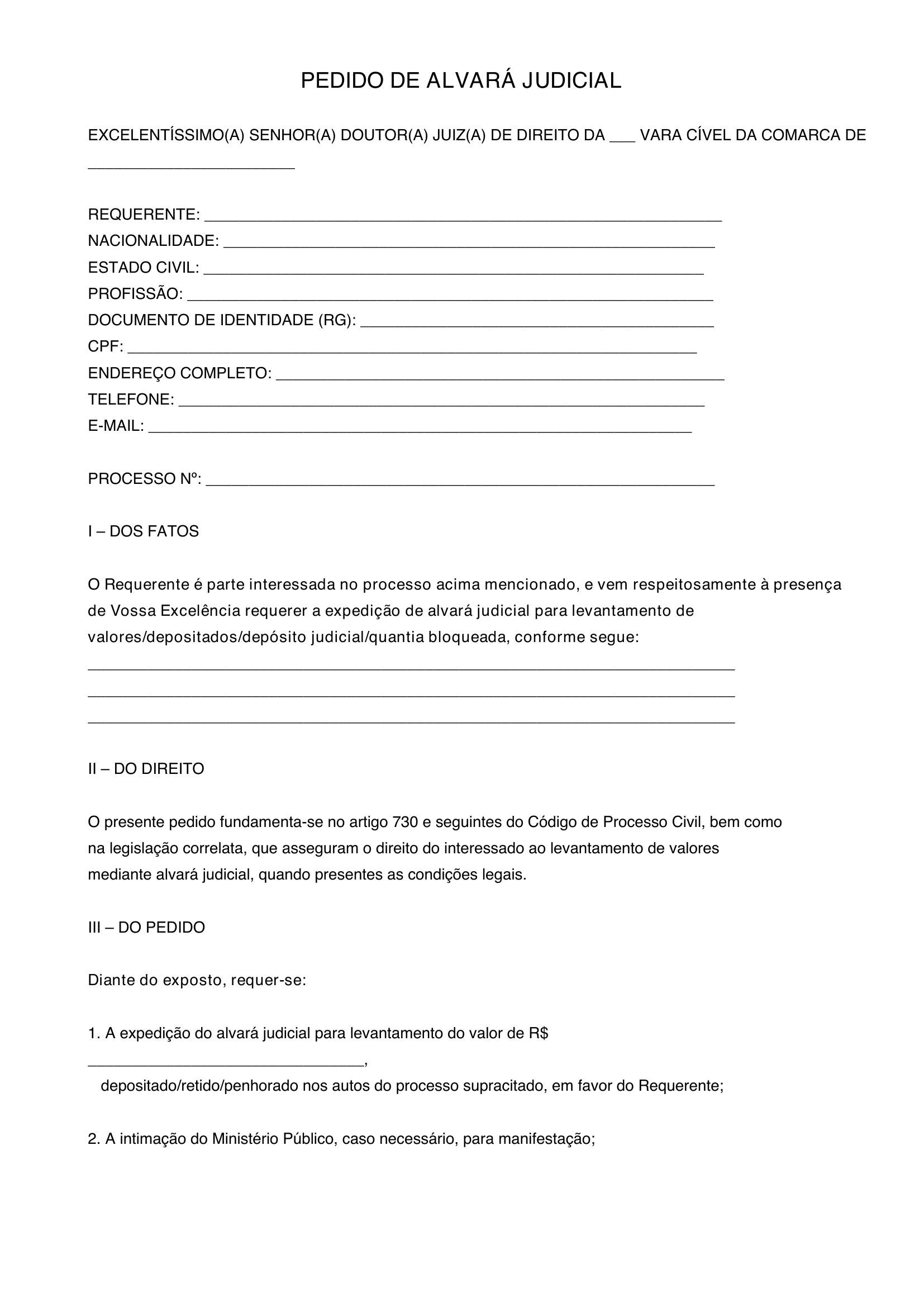 Modelo De Pedido De Alvará Judicial