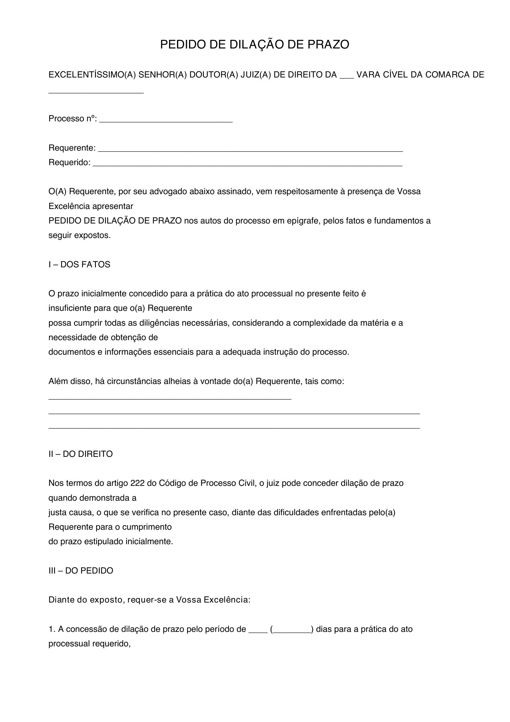 Modelo De Pedido De Dilação De Prazo