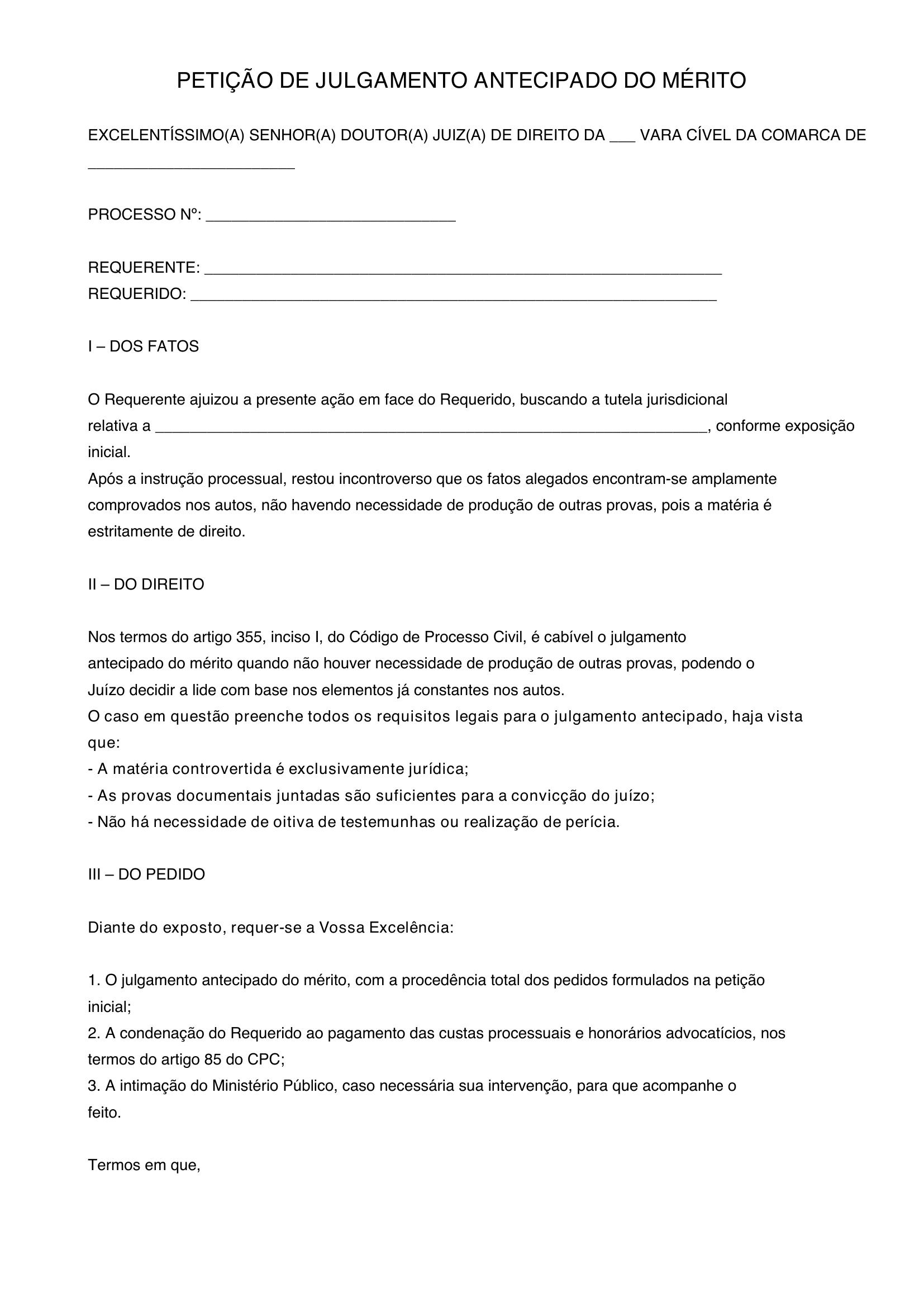 Modelo Petição Julgamento Antecipado