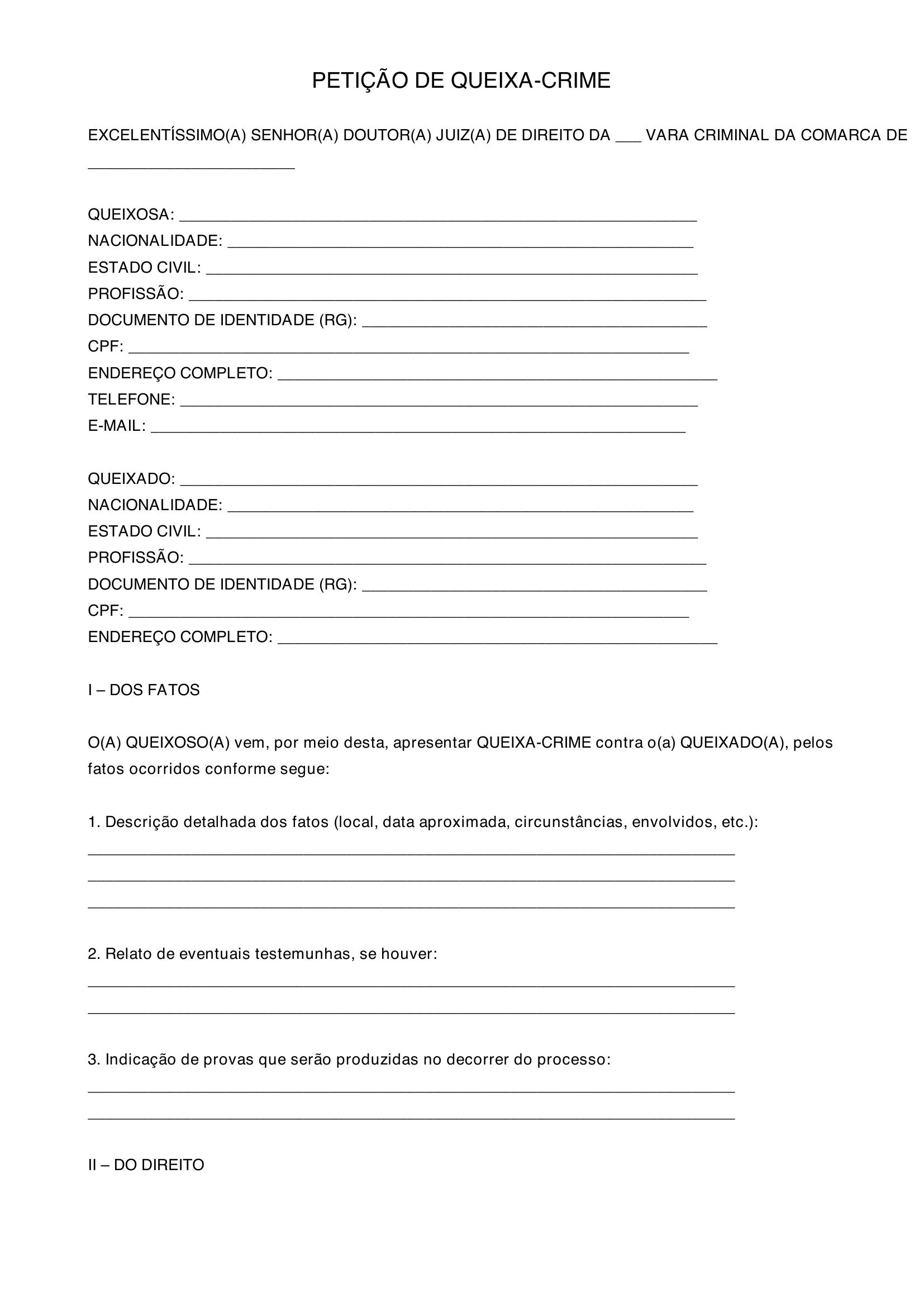 Modelo De Petição Queixa Crime