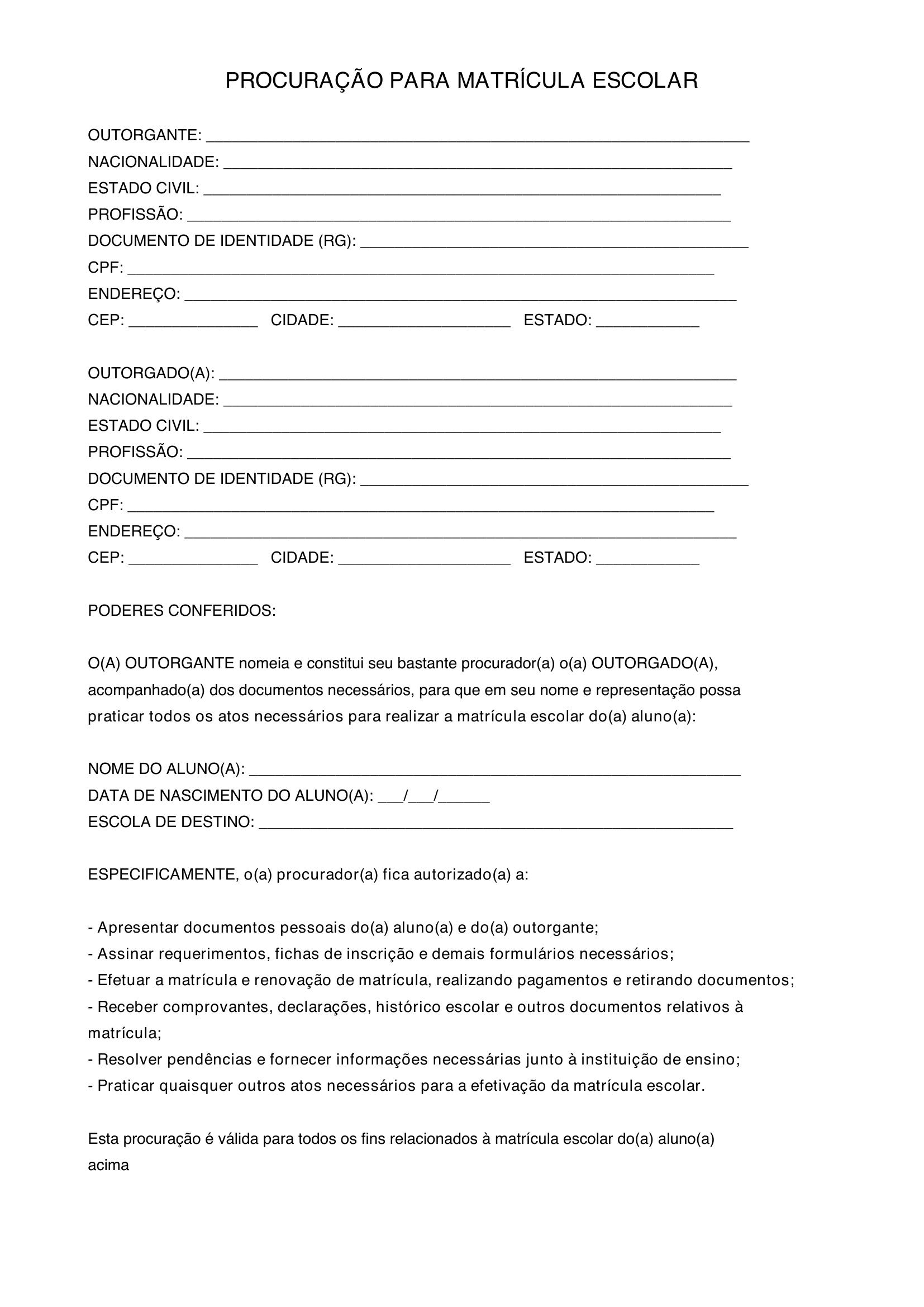 Modelo De Procuração Para Matricula Escolar