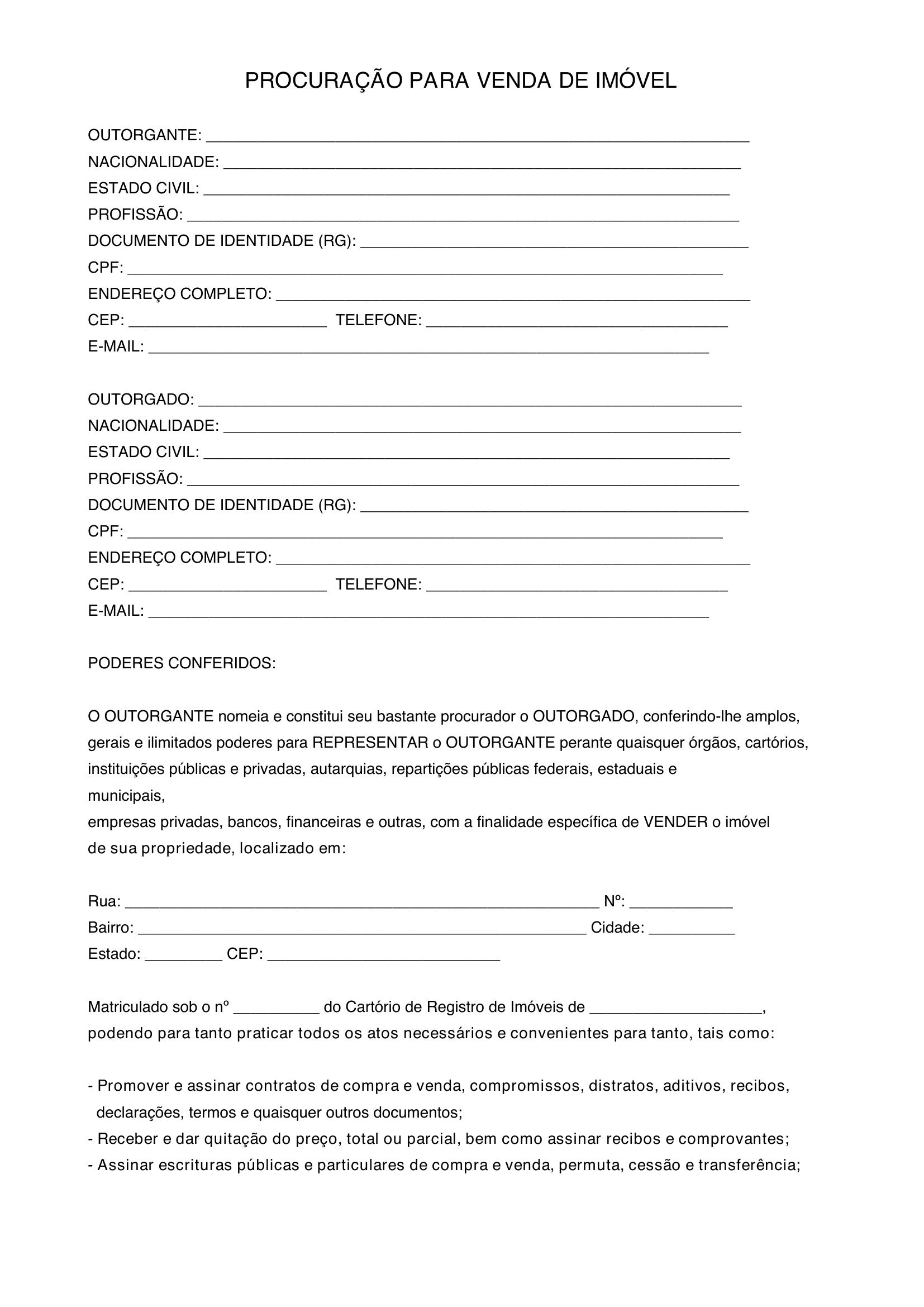 Modelo De Procuração Para Venda De Imóvel