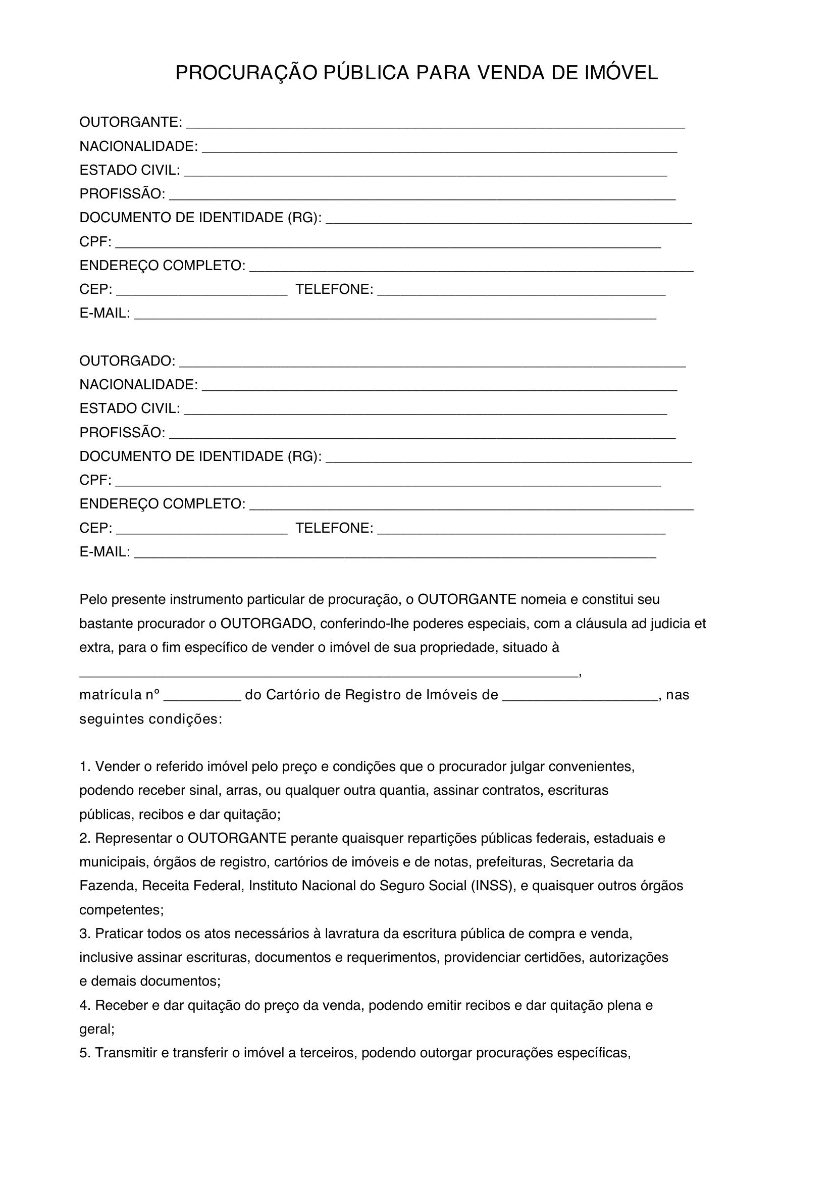 Modelo De Procuração Pública Para Venda De Imóvel