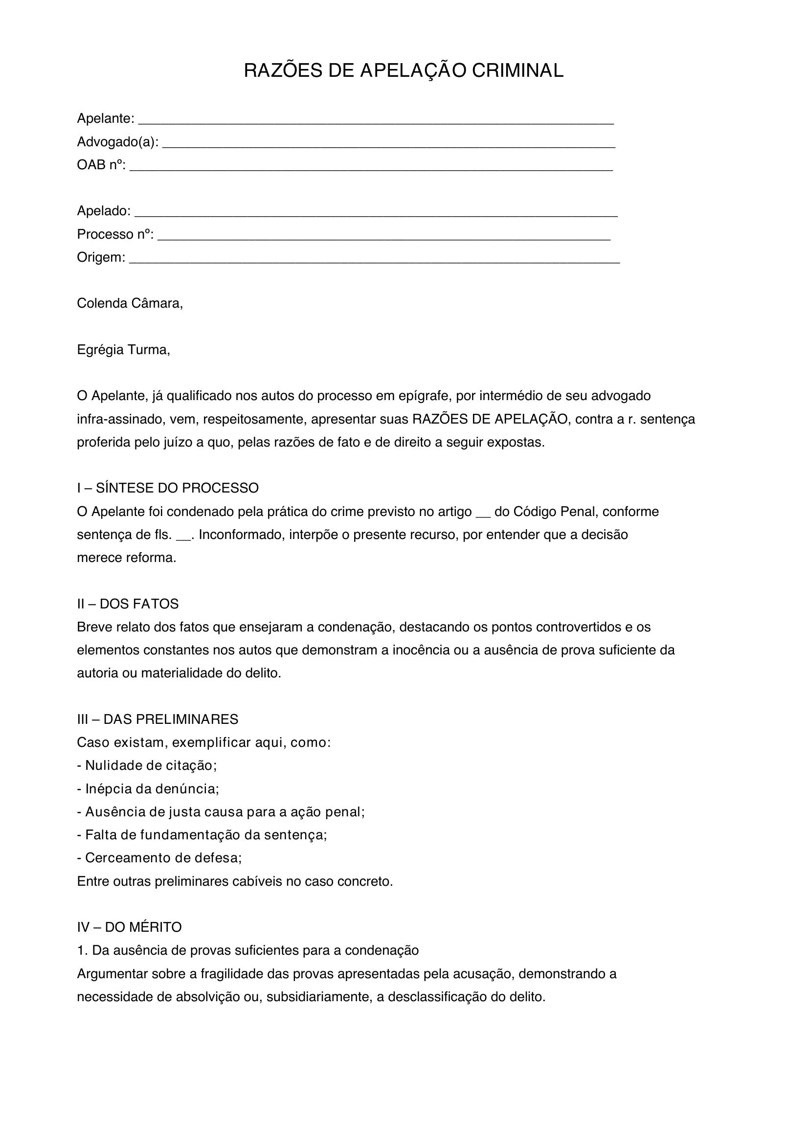 Modelo De Razões De Apelação Criminal