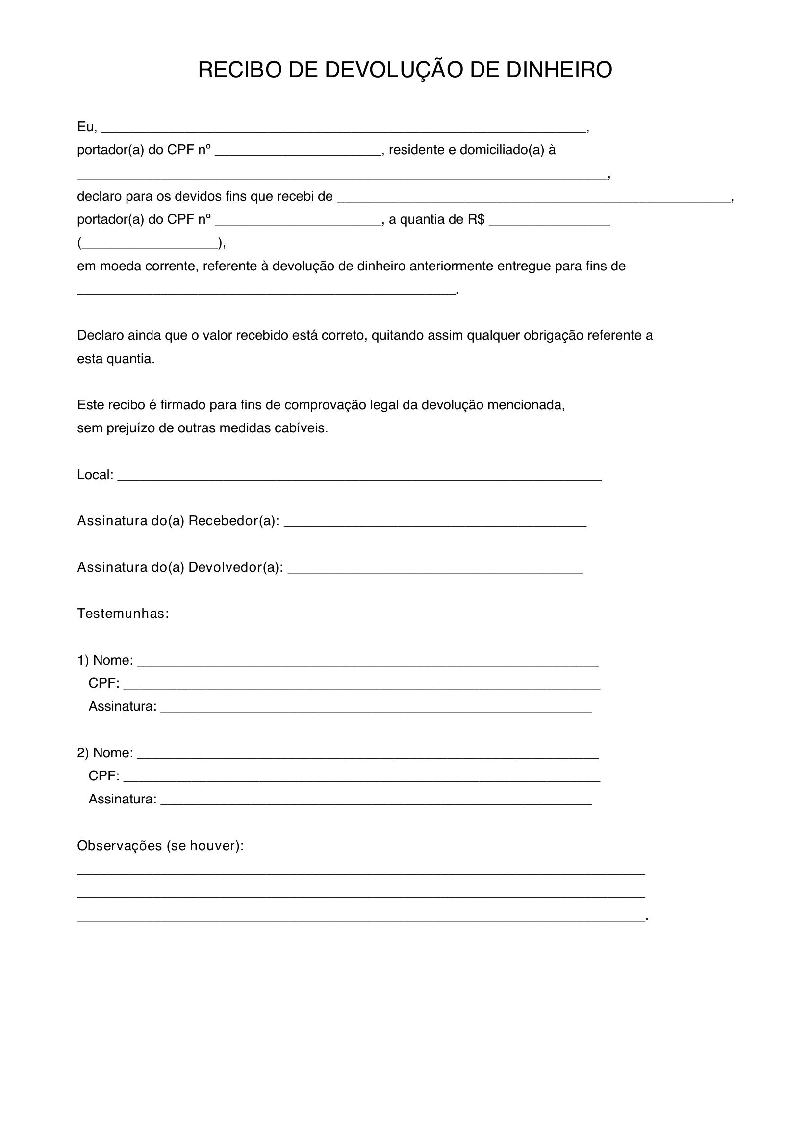 Modelo De Recibo De Devolução De Dinheiro