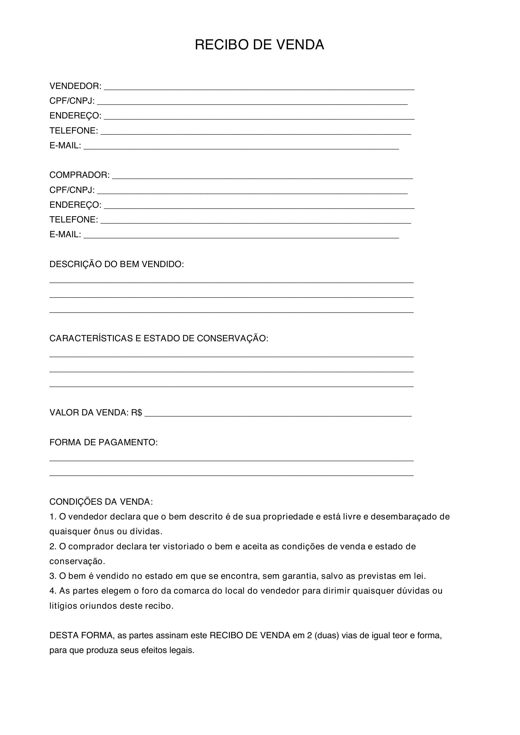 Modelo De Recibo De Venda