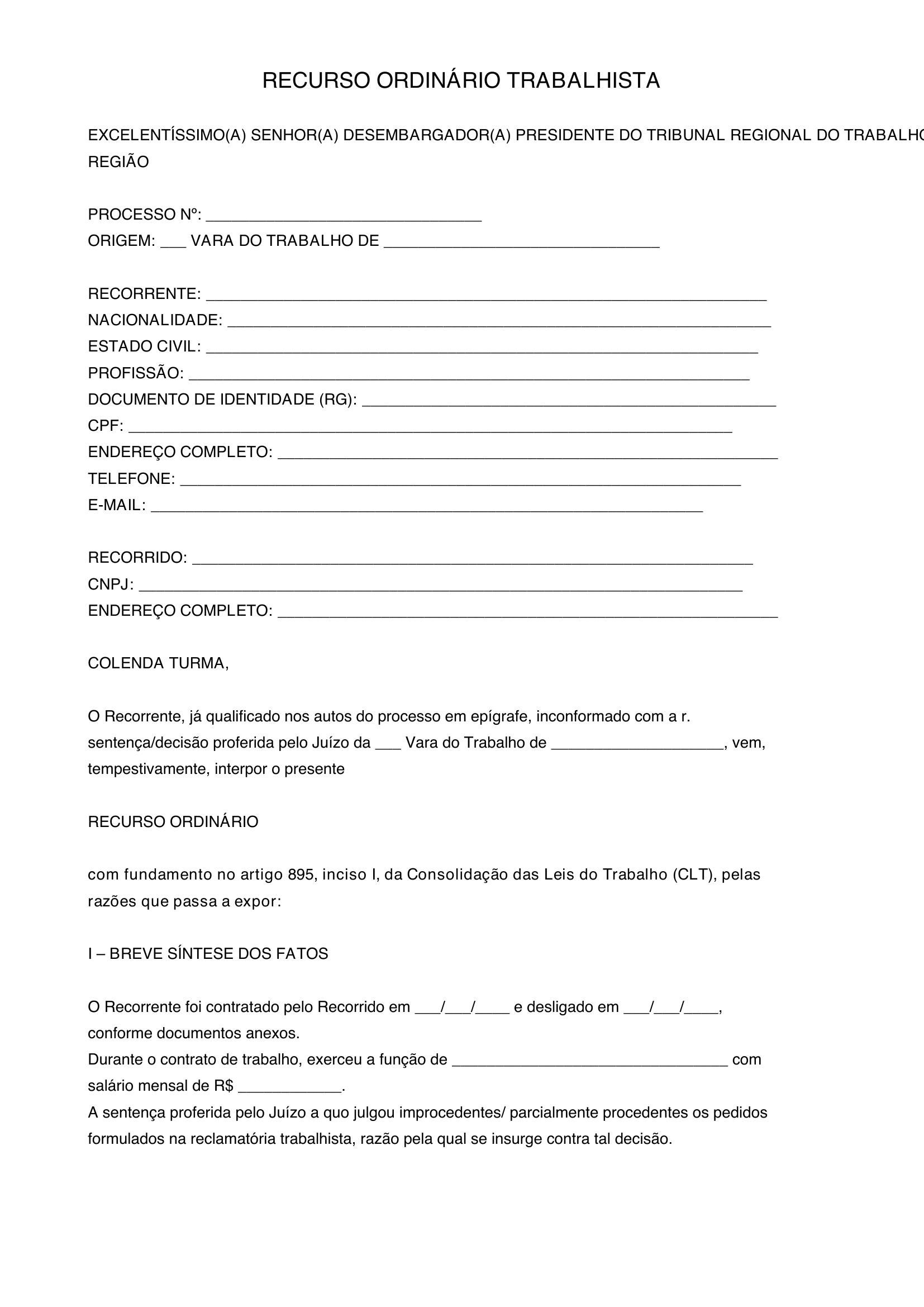 Modelo De Recurso Ordinário Trabalhista