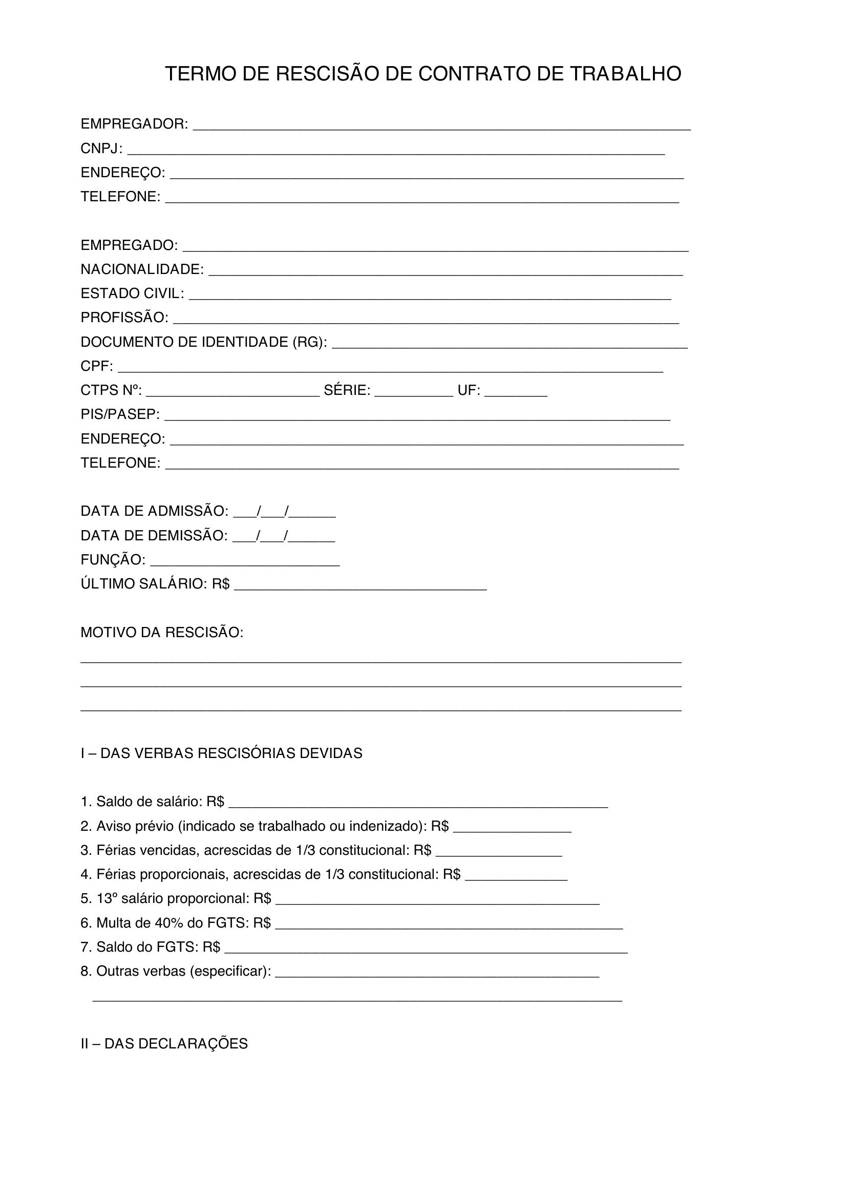 Modelo De Rescisão De Contrato De Trabalho