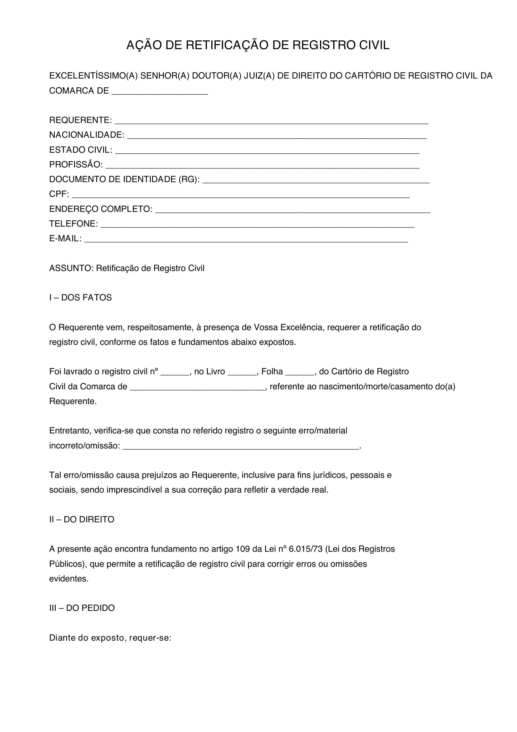 Modelo De Retificação De Registro Civil