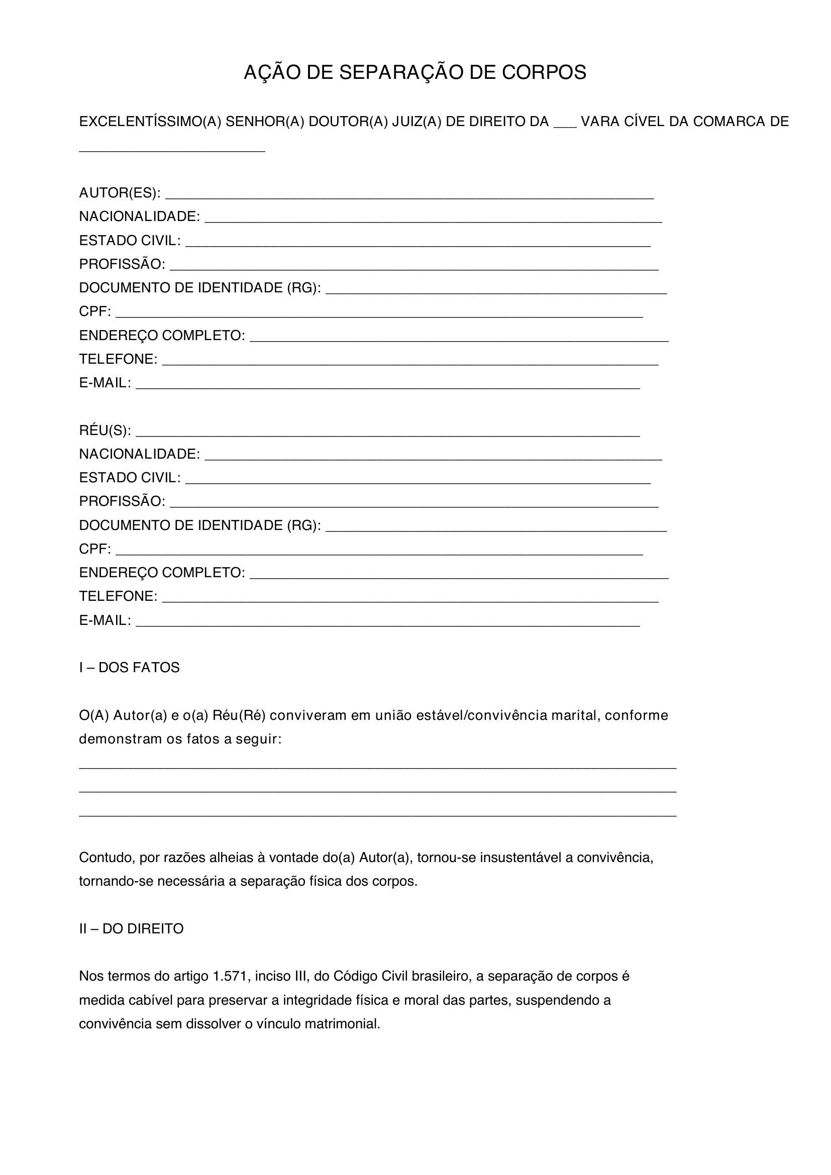 Modelo De Separação De Corpos