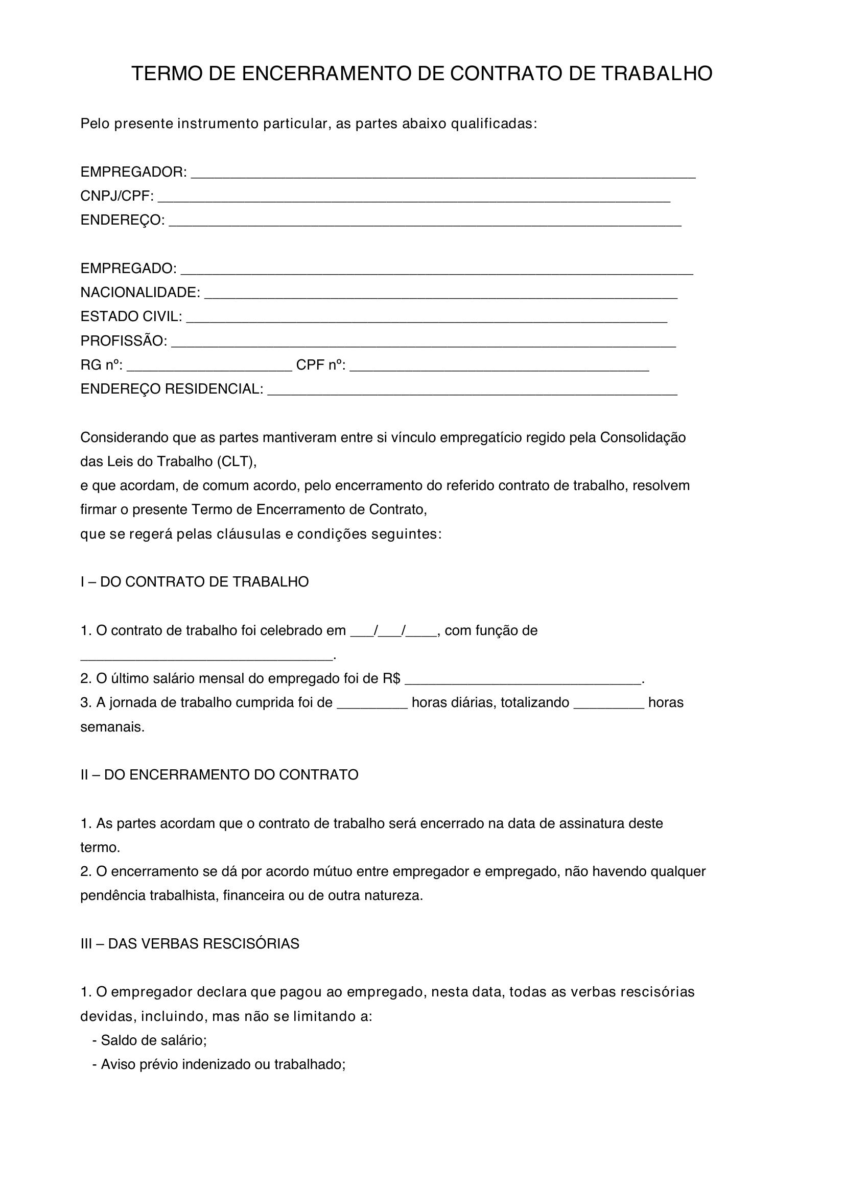 Modelo De Termo De Encerramento De Contrato