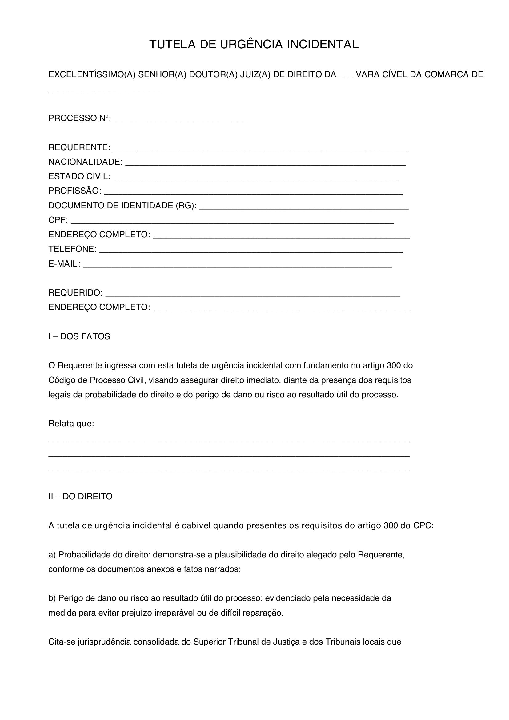 Modelo De Tutela De Urgência Incidental